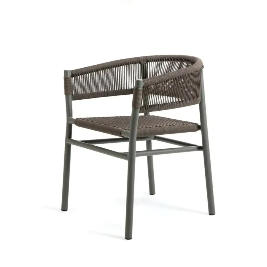 Distinguished Ethimo Kilt armchair crafted with FSC-certified teak and durable natural fibre weave in a muted gray-brown tone