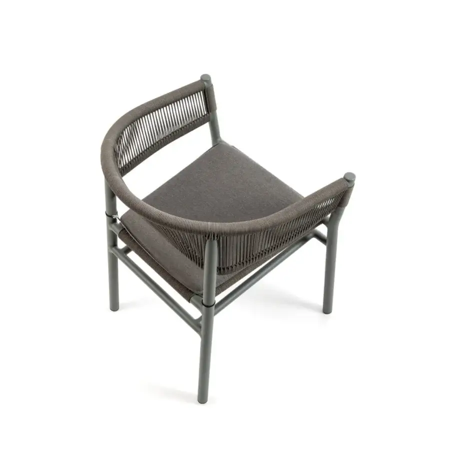 Exceptional Ethimo Kilt armchair with a curved silhouette crafted in teak and dark gray natural fiber weave