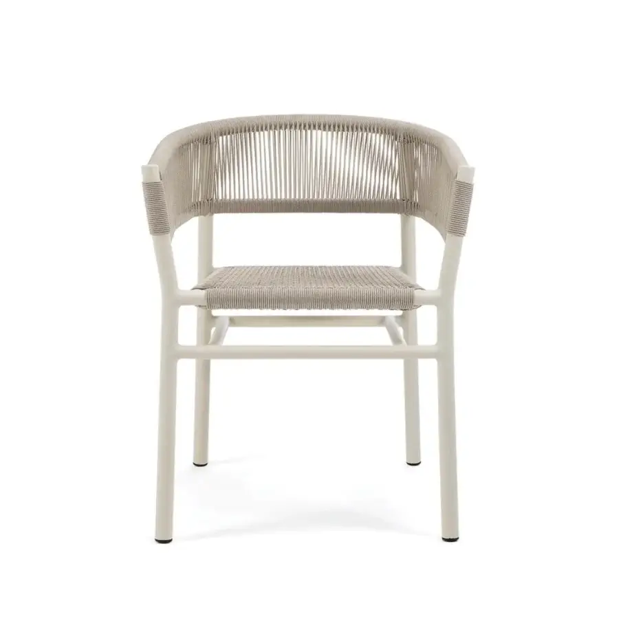 Superior Ethimo Kilt armchair with a gently curved silhouette crafted in teak and natural fibre weave