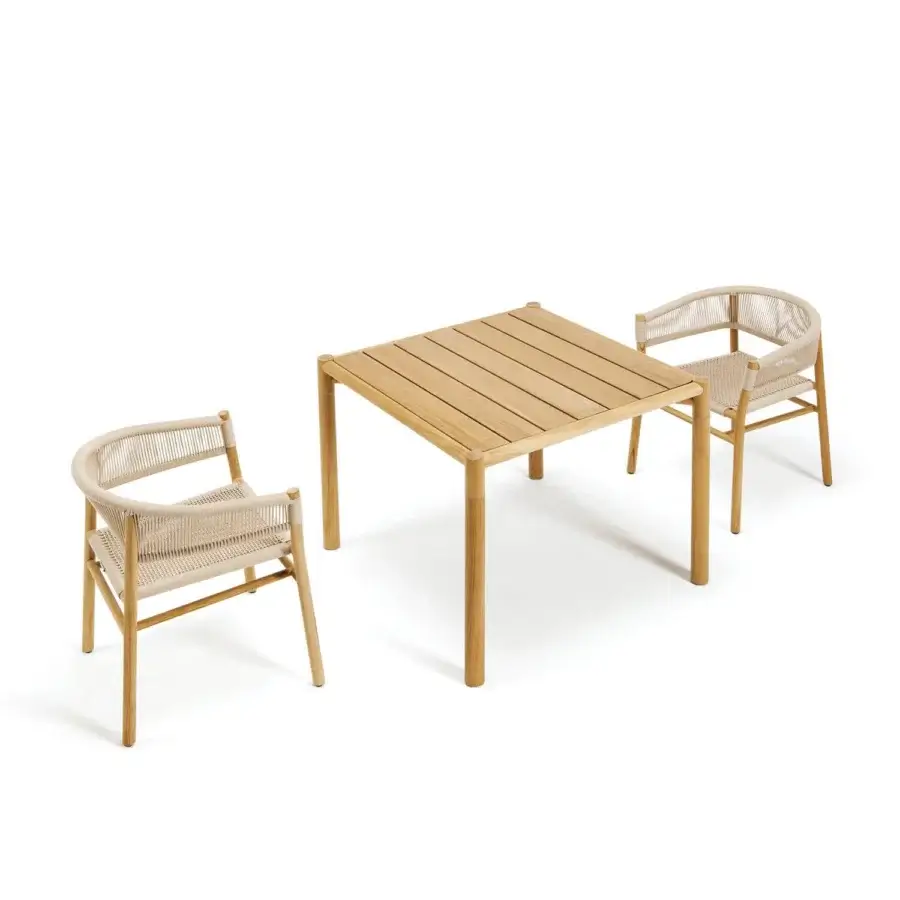 Distinguished Ethimo Kilt armchair with a soft natural fibre weave and satin finish teak construction