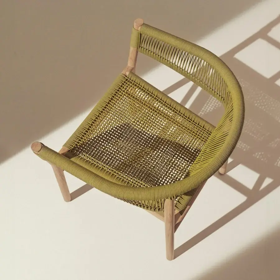 Sophisticated Ethimo Kilt armchair in olive-green with a delicate natural fibre weave and FSC-certified teak construction