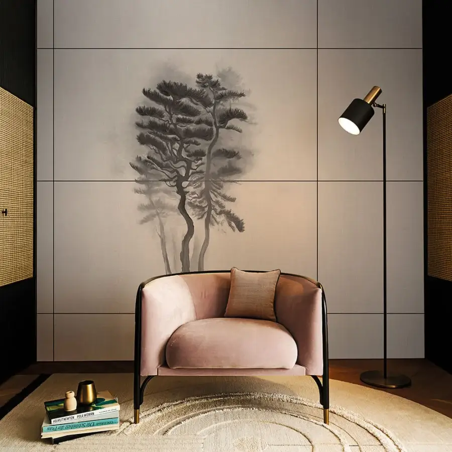 Distinguished LondonArt Sumie #3 wallpaper showcases elongated botanical silhouettes with translucent layering in a muted dusty rose colorway