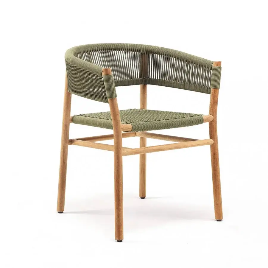 Superior Ethimo Kilt armchair with FSC-certified teak and muted olive green natural fibre weave construction