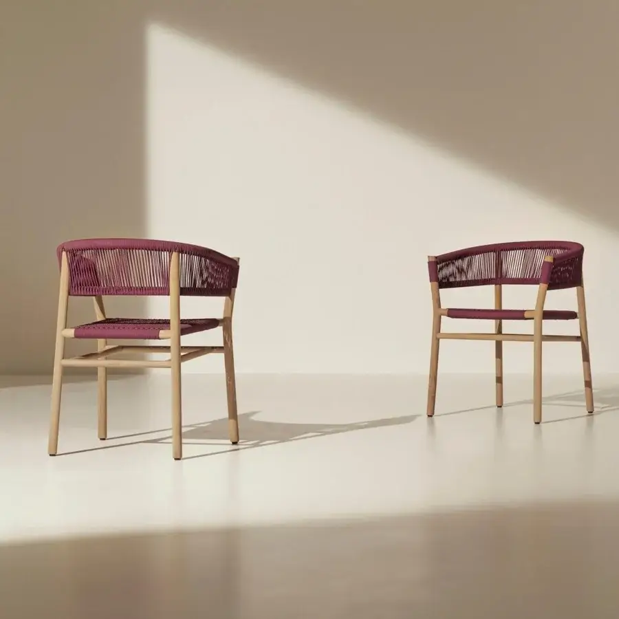 Exceptional Ethimo Kilt armchair with FSC-certified teak and a tightly woven natural fibre in a muted burgundy hue