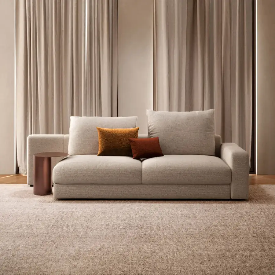 Superior CTS Salotti Contour sofa with neutral beige textured textile upholstery and matte finish