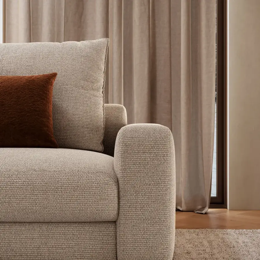 Elegant CTS Salotti Contour sofa with neutral beige bouclé textile upholstery and reddish-brown cushion