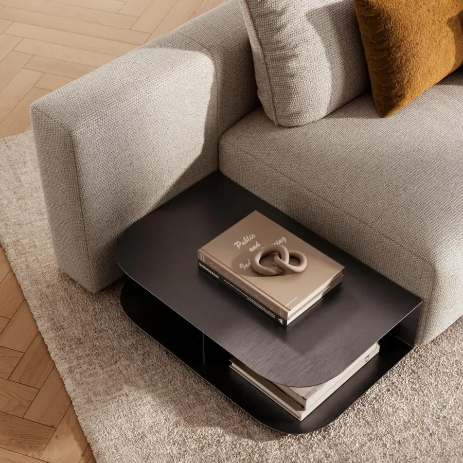 Exceptional CTS Salotti Contour sofa with light neutral gray textured textile upholstery and black-stained beechwood feet