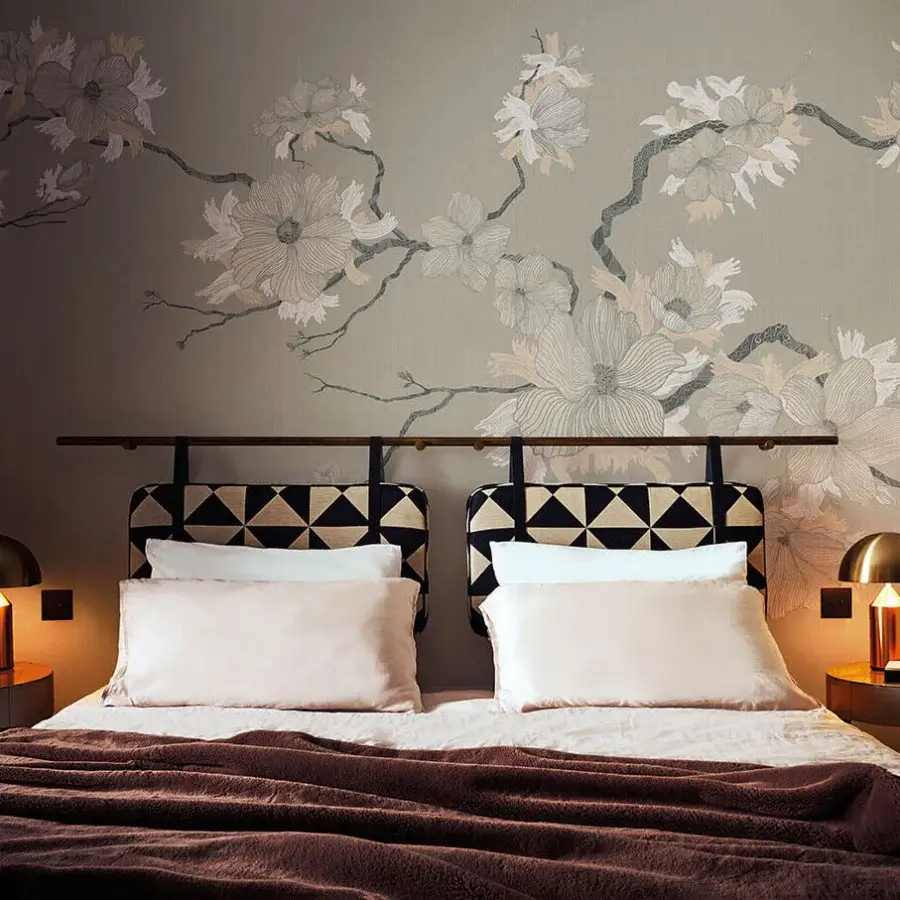 Superior LondonArt My Romance wallpaper with oversized roses and peonies in gray and off-white against beige with a matte finish