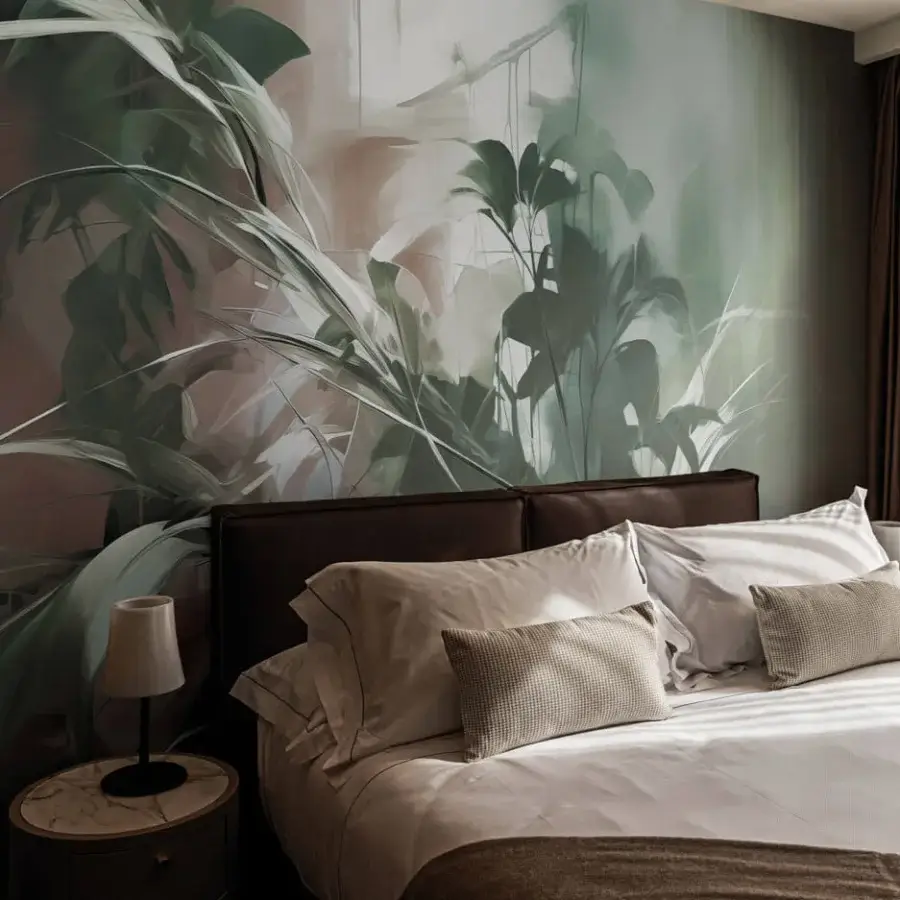 Captivating LondonArt Aria wallpaper with oversized foliage in varying green shades and soft blush undertones with a matte finish
