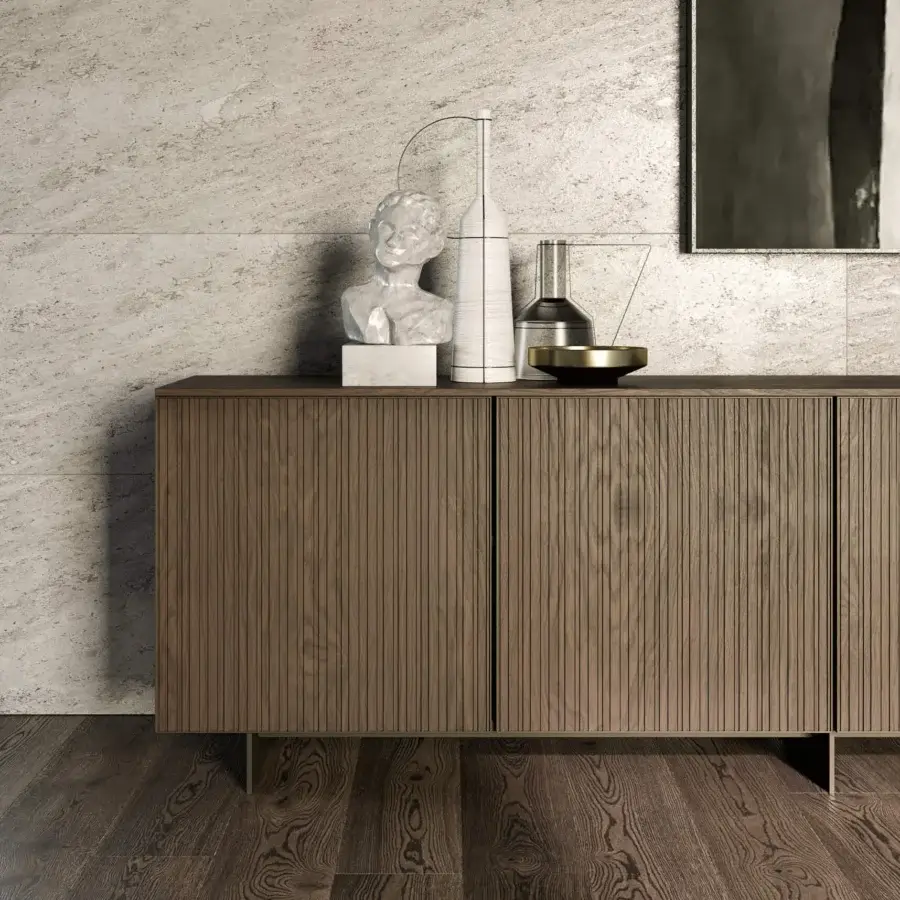 Elegant Dallagnese Marlene sideboard crafted from solid wood with satin finish and vertically grooved canneté detailing in a medium brown tone