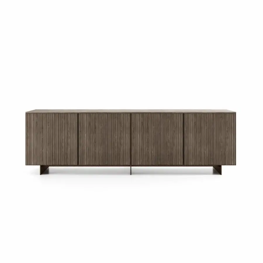 Distinguished Dallagnese Marlene sideboard built from solid wood with warm gray-brown finish and vertically grooved canneté detailing