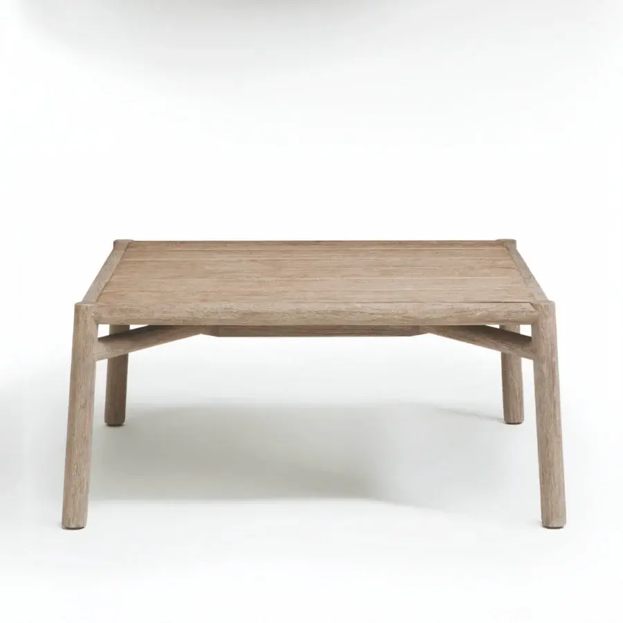 Exceptional Ethimo Kilt coffee table crafted in light beige-grey teak with a beautifully textured finish
