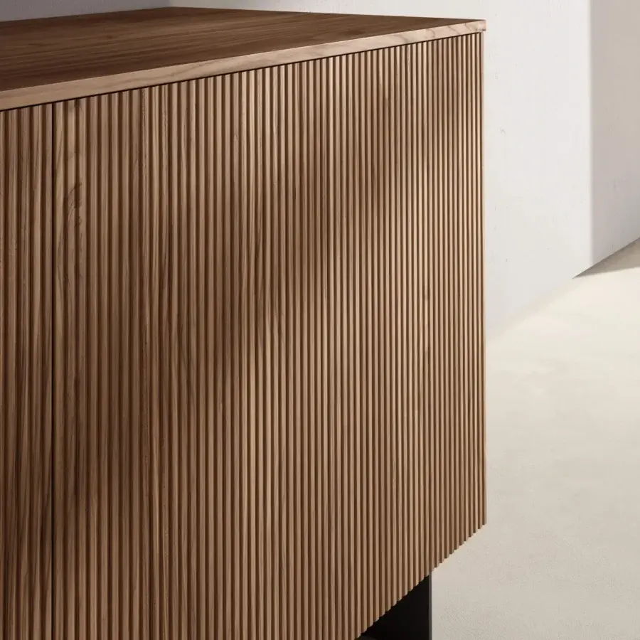 Distinguished Dallagnese Marlene sideboard crafted in warm brown solid wood with meticulous canneté detailing and satin finish