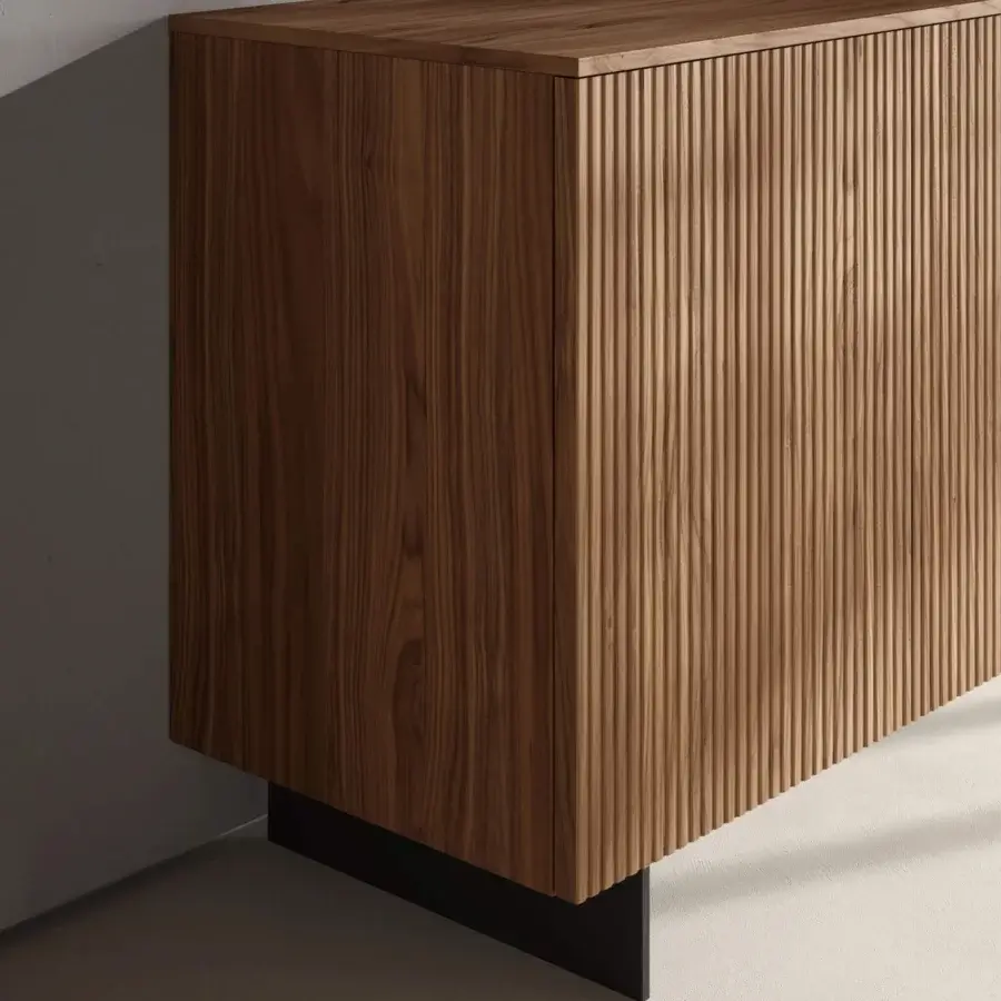 Exceptional Dallagnese Marlene sideboard built in warm brown solid wood with a satin finish and canneté detailing