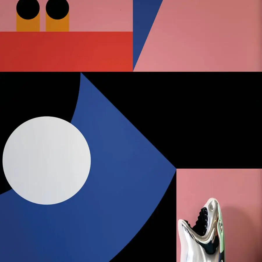 Exceptional LondonArt Eden wallpaper displays geometric composition with deep blue, coral-pink and vibrant red on smooth matte paper