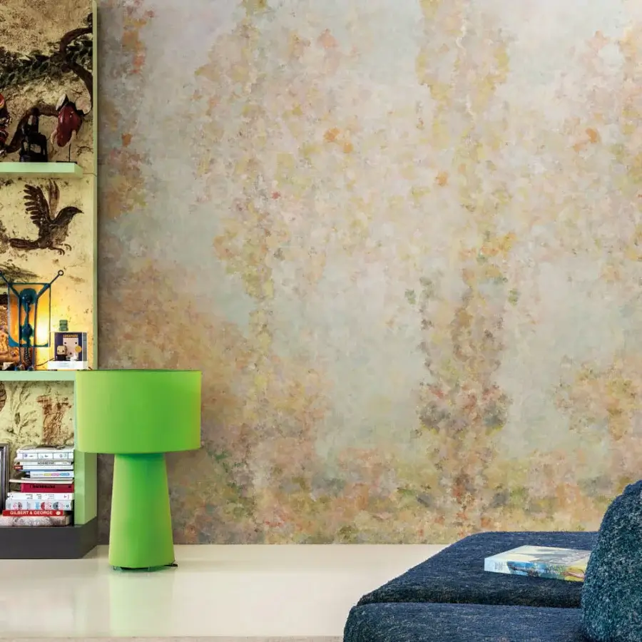 Sophisticated LondonArt Re-Impress Lands wallpaper presents abstract layered landscapes in muted beige, cream and ochre with a tactile texture