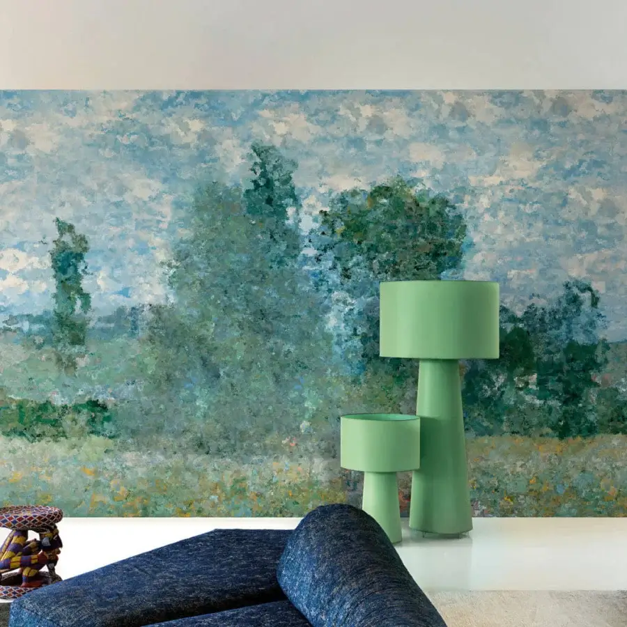 Exceptional LondonArt Re-Impress Lands wallpaper presents serene abstract landscapes in muted blues, greens, and greys with textured matte paper crafting