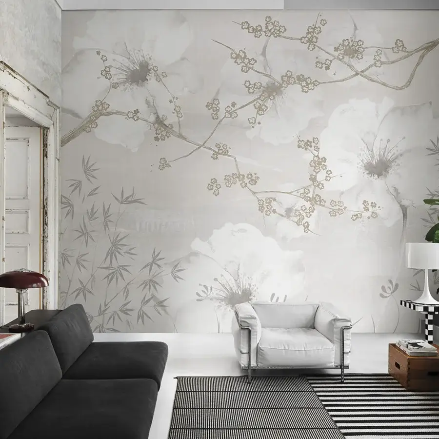 Elegant LondonArt Better Days wallpaper with lush floral design and soft-focus pale gray blossoms in a subtly textured matte finish