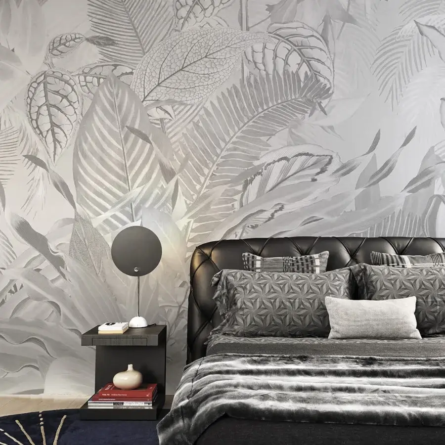 Distinguished LondonArt Lost Paradise wallpaper with oversized botanical elements in sophisticated gray shades and subtle matte finish