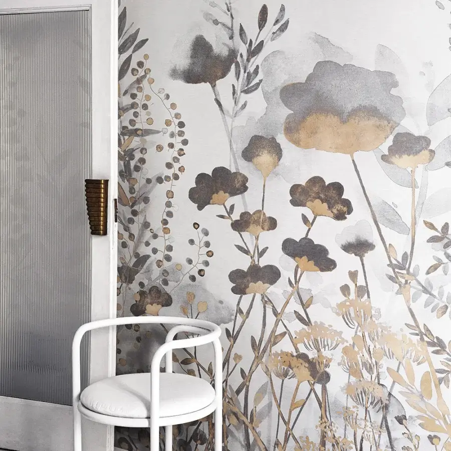 Distinguished LondonArt Felicia wallpaper with large botanical illustration in muted gray, beige, and brown tones with a matte finish