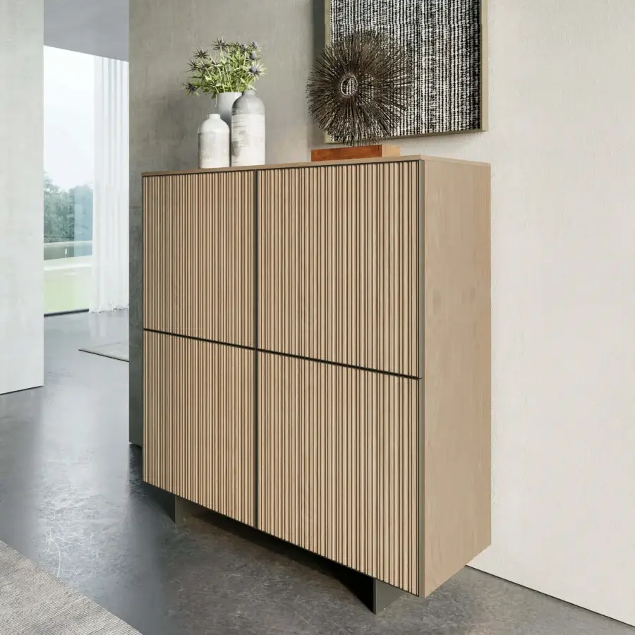 Distinguished Dallagnese Marlene cupboard built from solid wood with reeded canneté detailing and warm beige satin finish