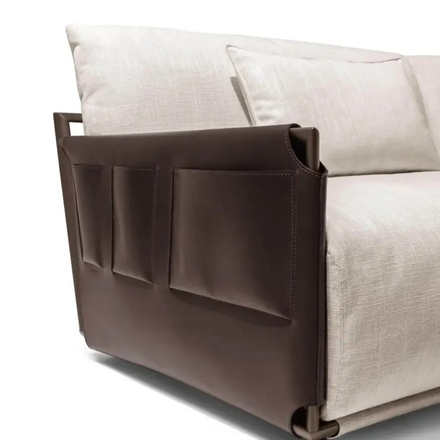 Distinguished Giorgetti Adam sectional with pewter-painted metal, light beige fabric and dark brown leather detailing