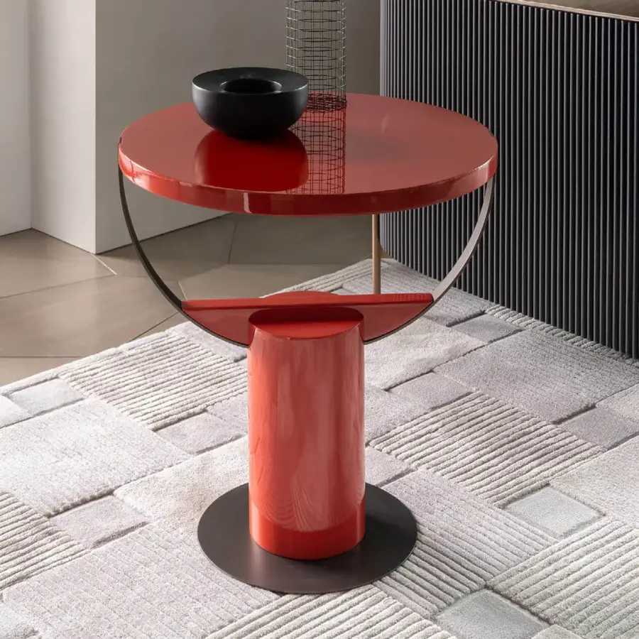 Distinguished Shake Loop side table with vibrant red cylindrical form and dark gray varnished steel base crafted from solid ash wood