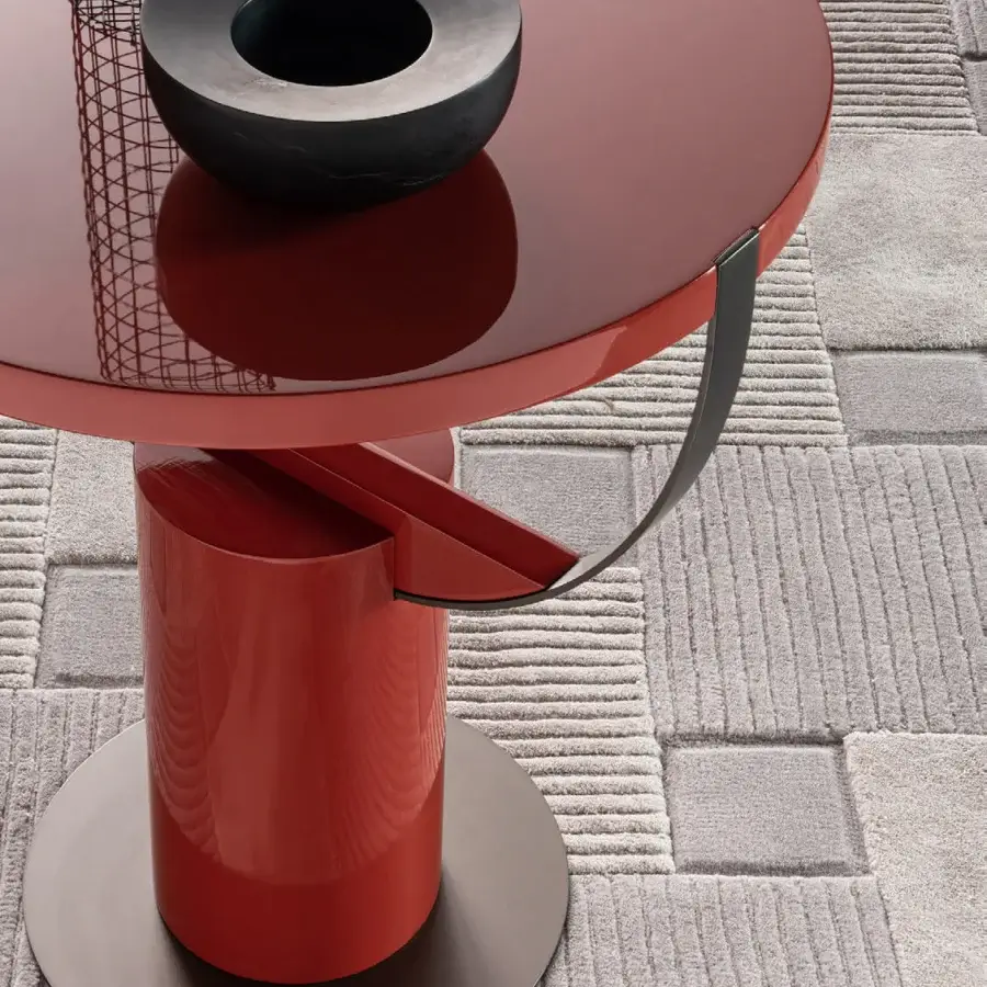 Superior Shake Loop side table crafted in solid ash wood with a high-gloss reddish varnished steel base