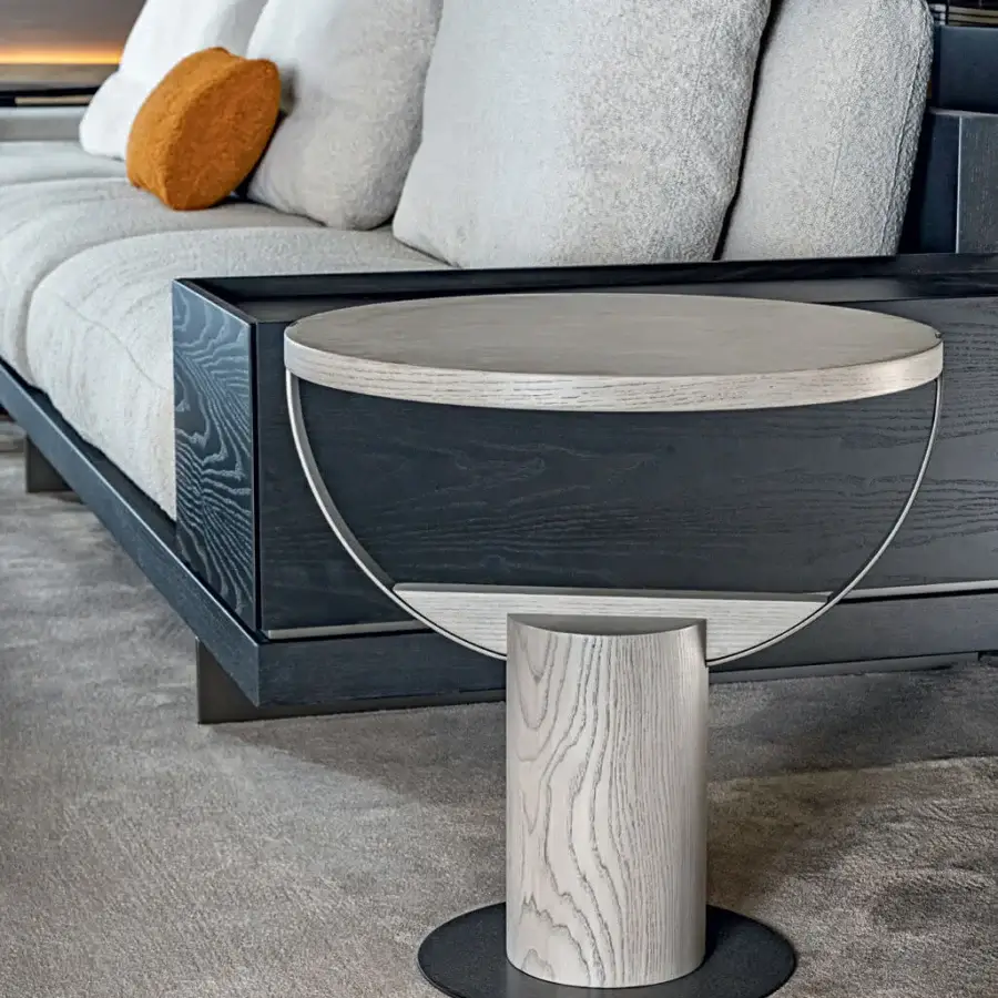 Exceptional Shake Loop side table crafted in muted gray-beige varnished steel and solid ash wood with a smooth matte sheen
