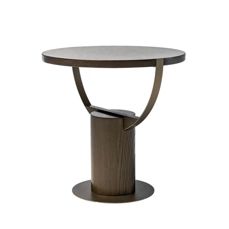 Distinguished Shake Loop side table crafted in medium-dark brown matte ash wood with a varnished steel looped support structure