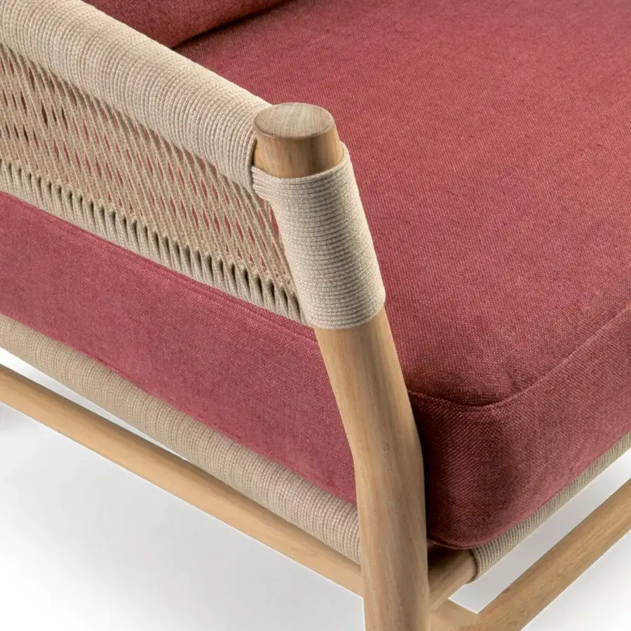 Superior Ethimo Kilt lounge chair crafted in reddish-brown teak with a soft natural fibre weave and woven rope detailing