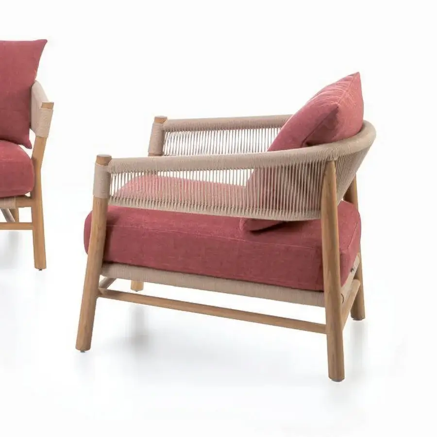 Distinguished Ethimo Kilt lounge chair crafted with terracotta natural fibre rope and teak wood with a satin finish