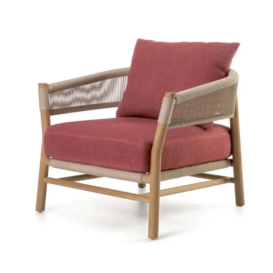 Sophisticated Ethimo Kilt lounge chair with reddish-pink cushions and textural natural fibre rope woven on FSC-certified teak