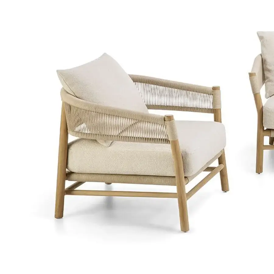 Distinguished Ethimo Kilt lounge chair crafted in teak with a delicate natural fibre weave and woven rope detailing