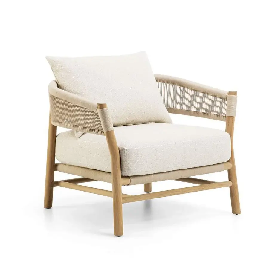 Exceptional Ethimo Kilt lounge chair crafted in FSC-certified teak with natural fibre rope and satin finish