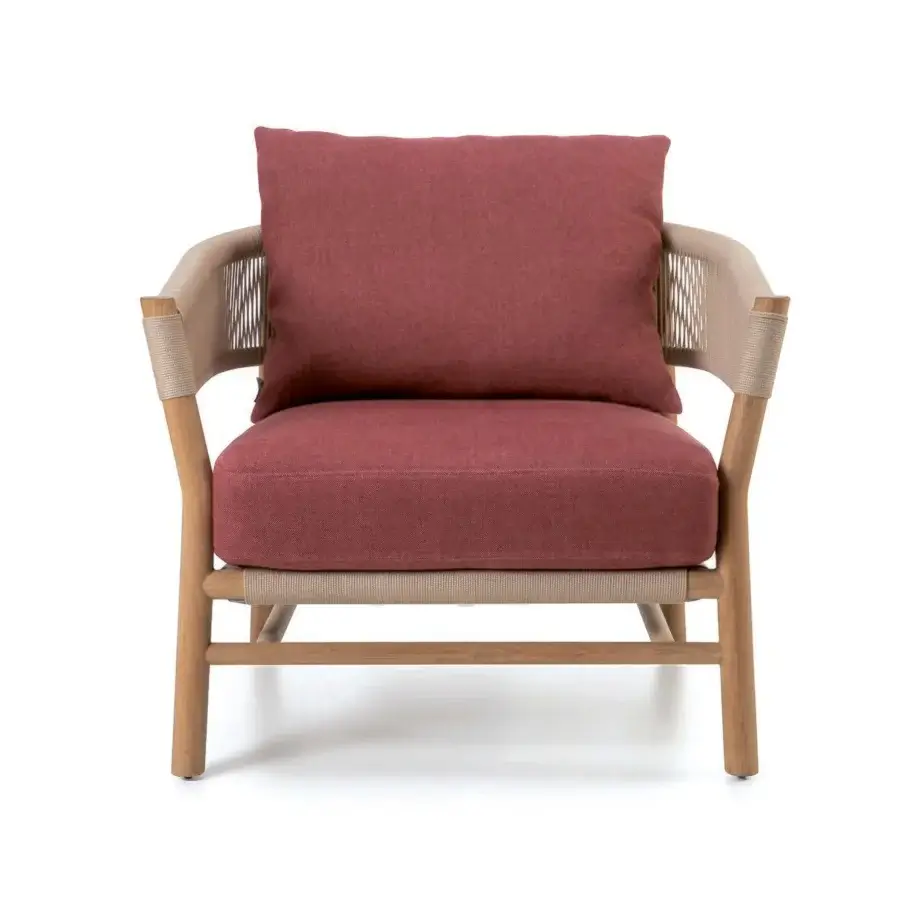 Distinguished Ethimo Kilt lounge chair crafted in FSC-certified teak with a soft natural fibre weave and reddish-brown woven details