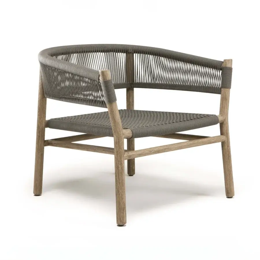 Sophisticated Ethimo Kilt lounge chair crafted in FSC-certified teak with textured natural fibre weave for relaxed outdoor seating