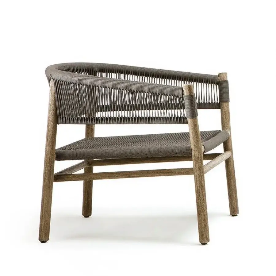 Lavish Ethimo Kilt lounge chair crafted in teak with woven grey rope detailing for outdoor relaxation