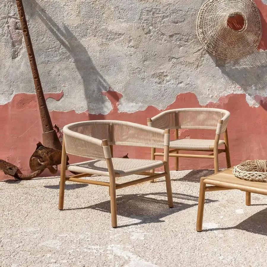 Exceptional Ethimo Kilt lounge chair crafted in FSC-certified teak with delicate natural fibre weave and light wood tone