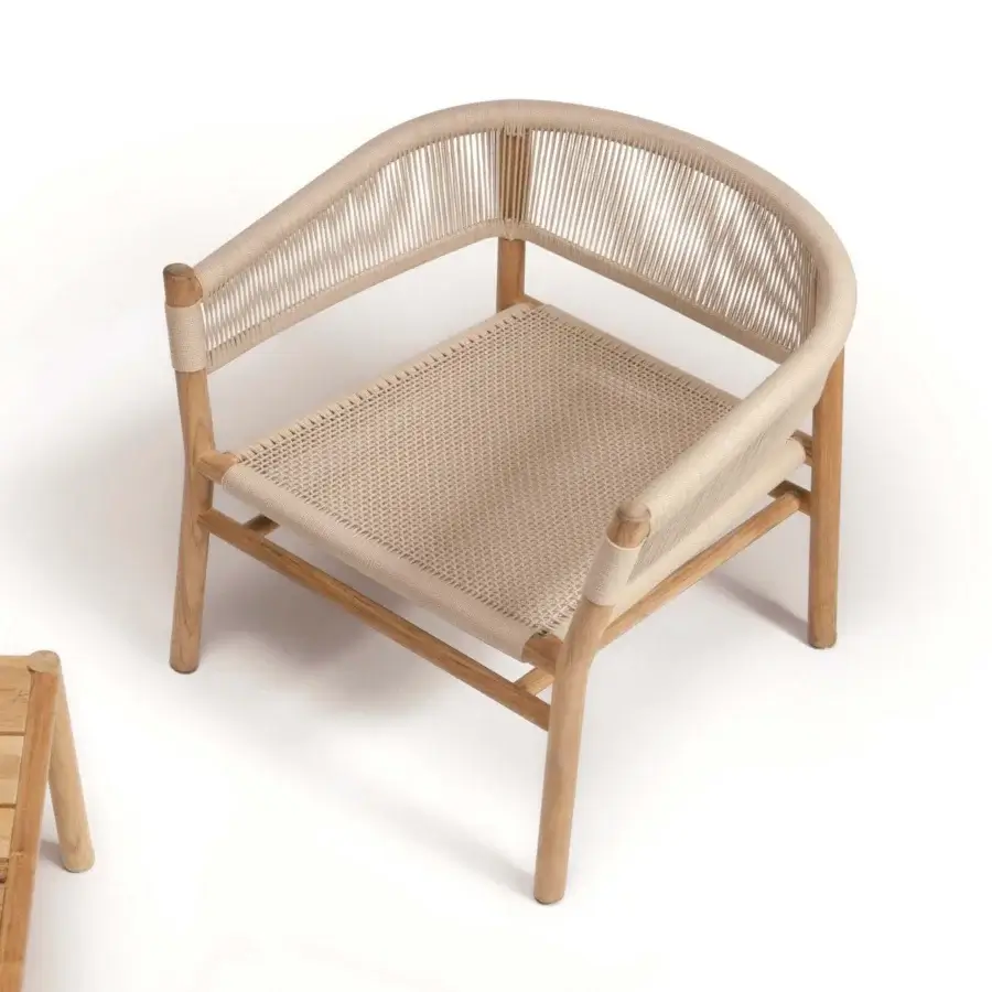 Distinguished Ethimo Kilt lounge chair crafted in FSC-certified teak with natural fiber weave and satin finish