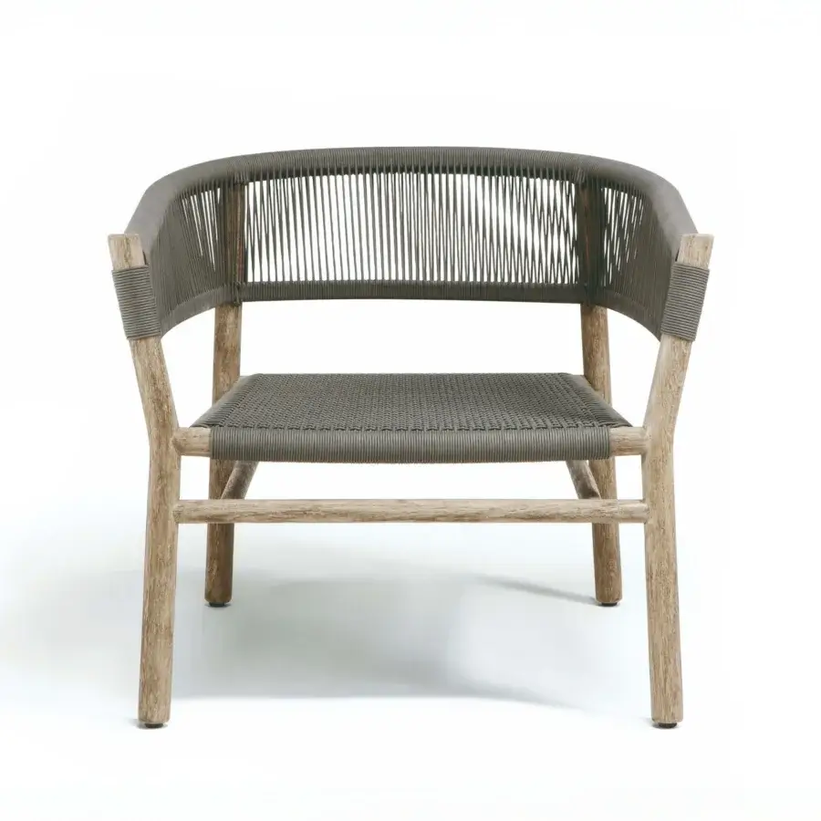 Elegant Ethimo Kilt lounge chair crafted in FSC-certified teak with natural fibre rope weave for outdoor use