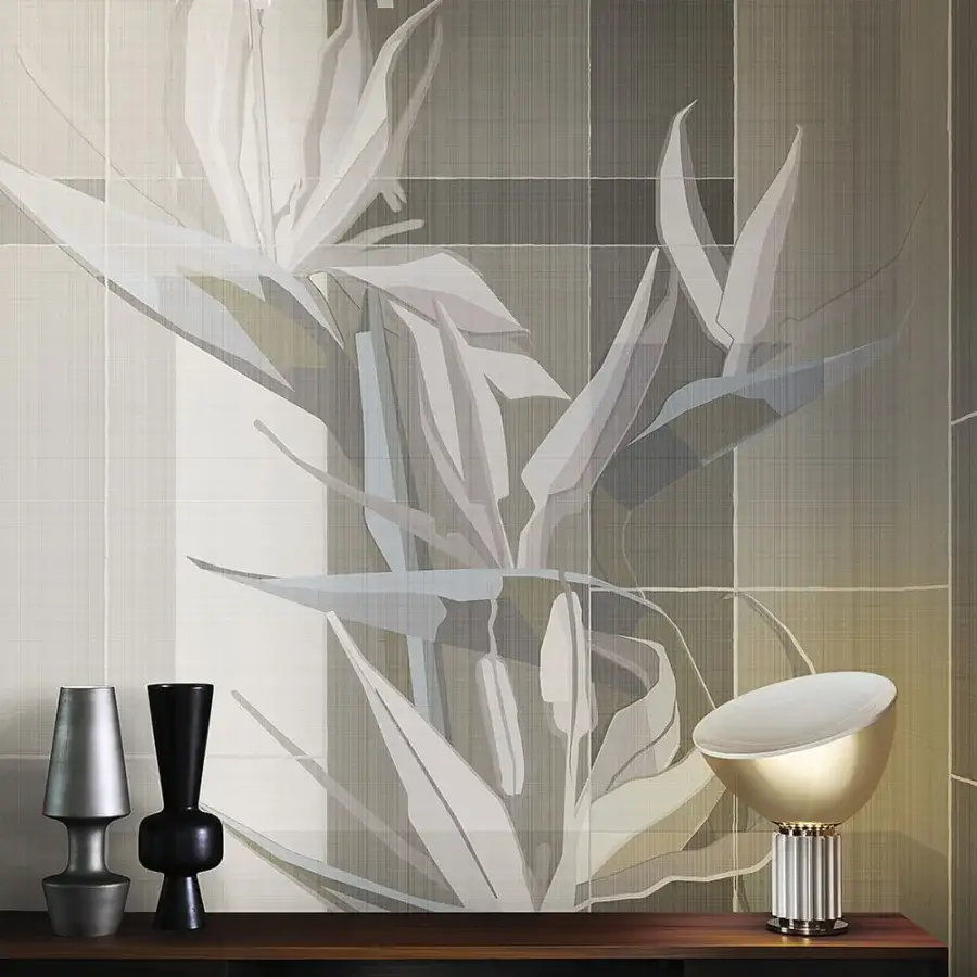 Distinguished LondonArt Strelitzia wallpaper presents a macro-botanical design in muted beige, cream, and gray tones with a smooth, textured paper base