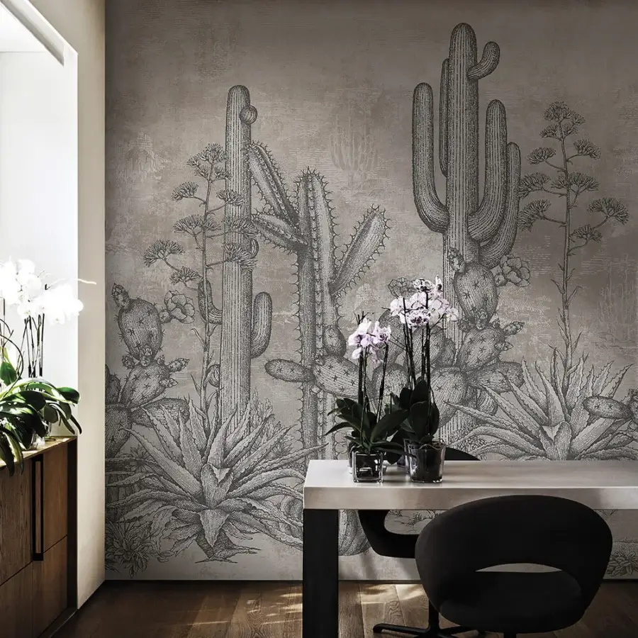 Captivating LondonArt San Pedro wallpaper displays structural botanical forms in muted gray and beige with textured paper backing