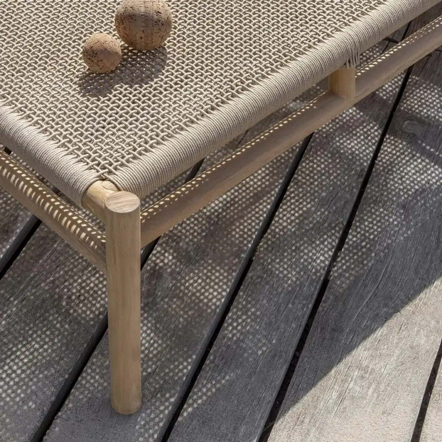 Exceptional Ethimo Kilt lounger crafted with FSC-certified teak and a delicate natural fibre weave for harmonious outdoor relaxation