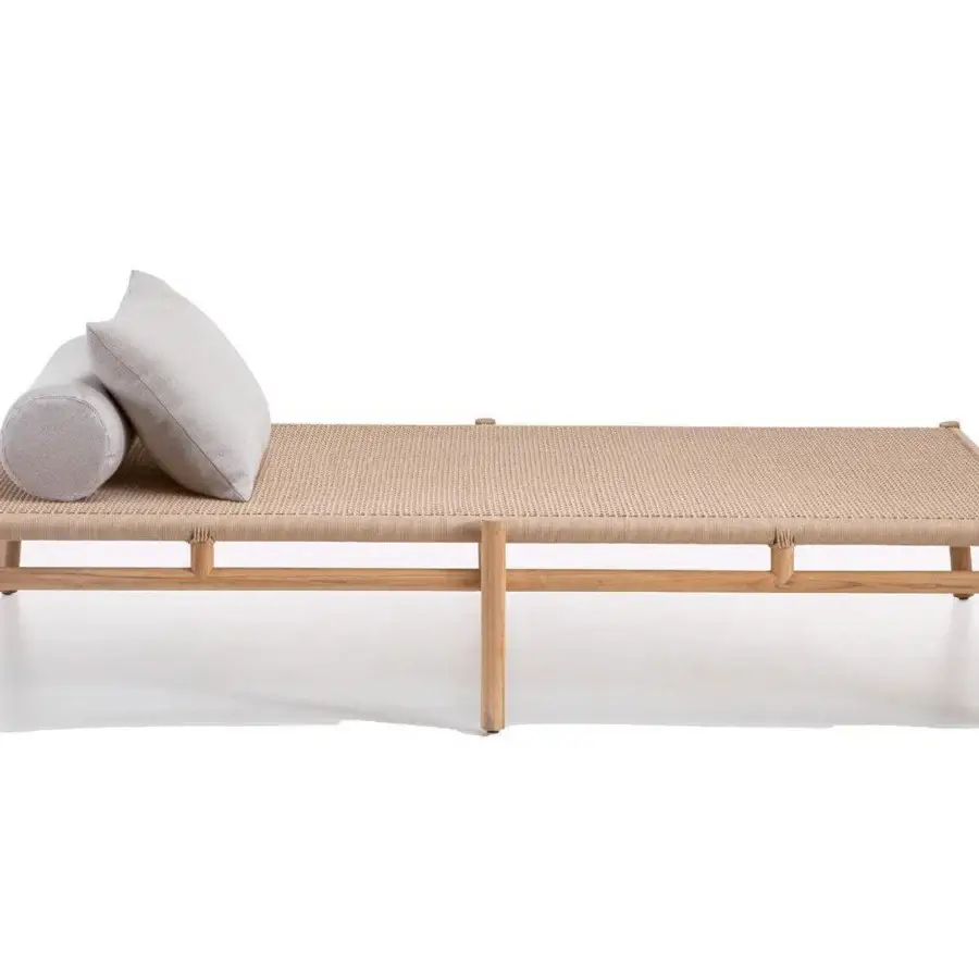 Sophisticated Ethimo Kilt lounger crafted with FSC-certified teak and a natural fiber weave in a neutral beige tone with a light gray cushion