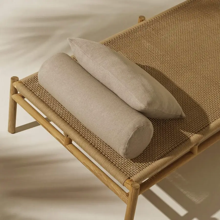 Distinguished Ethimo Kilt lounger crafted with FSC-certified teak and a natural fiber weave in a warm beige-brown palette