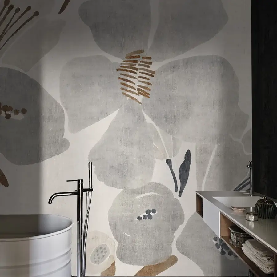 Architectural LondonArt Cassandra wallpaper with large-scale floral design in muted grays, beiges and browns with a matte finish