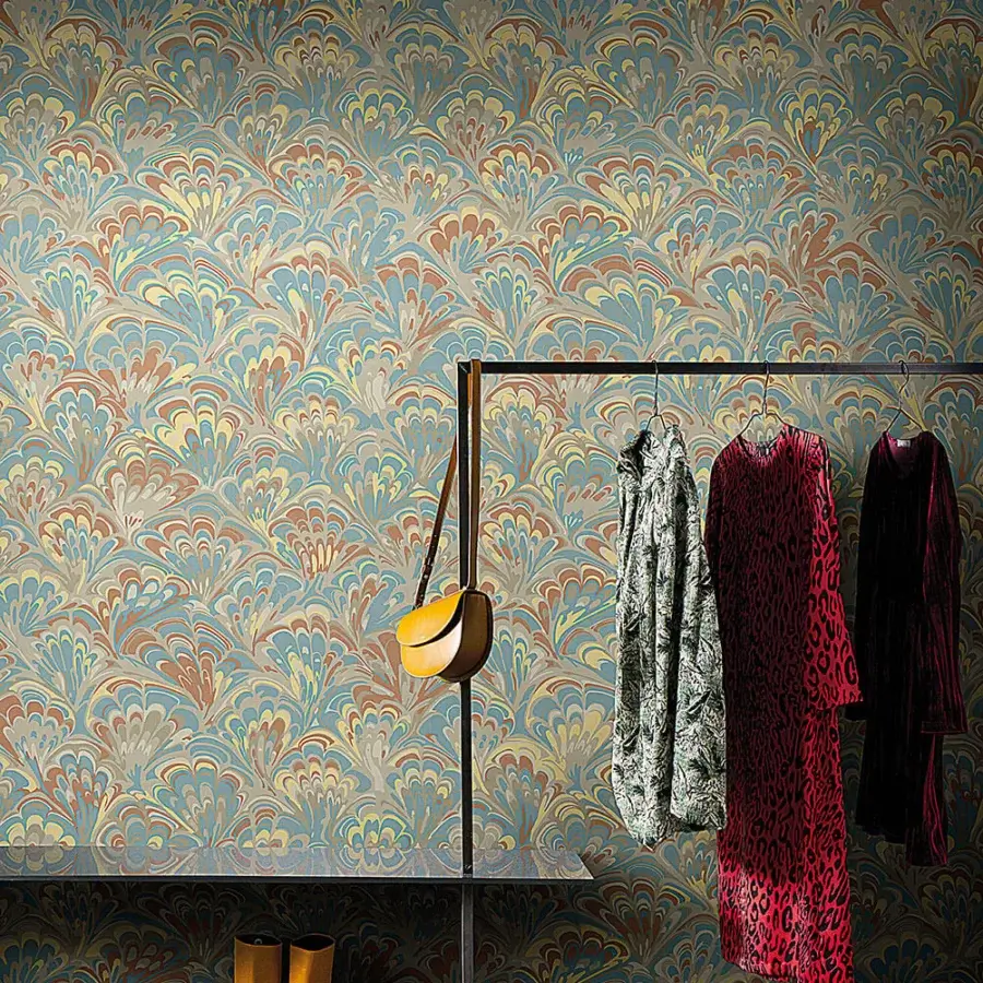 Distinguished LondonArt Farah Diba wallpaper with intricate floral patterns in teal, blue, and brown hues crafted with a paper-based matte finish