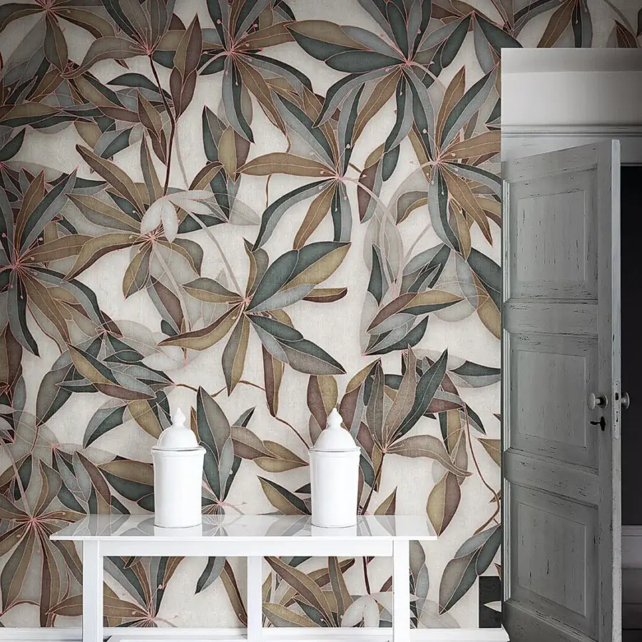 Distinguished LondonArt Simply Wallpaper with large-scale botanical design in muted green, brown, and beige paper material with a subtle matte finish