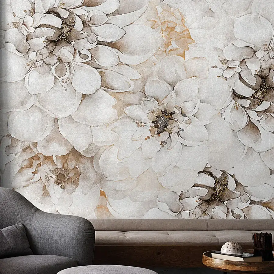 Distinguished LondonArt Distant Moment wallpaper with watercolor effect florals in beige, cream, and light brown with textured paper crafting